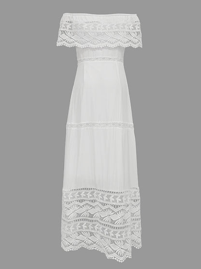 High Waisted Short Sleeves Hollow Color Split-joint Off-the-shoulder Maxi Dresses