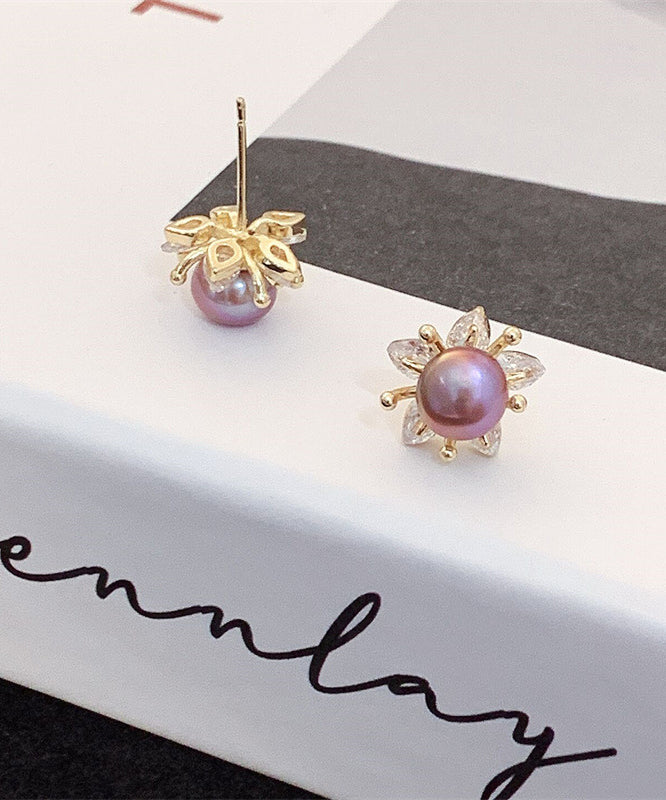 Art Purple Sterling Silver Overgild Pearl Stud Earrings