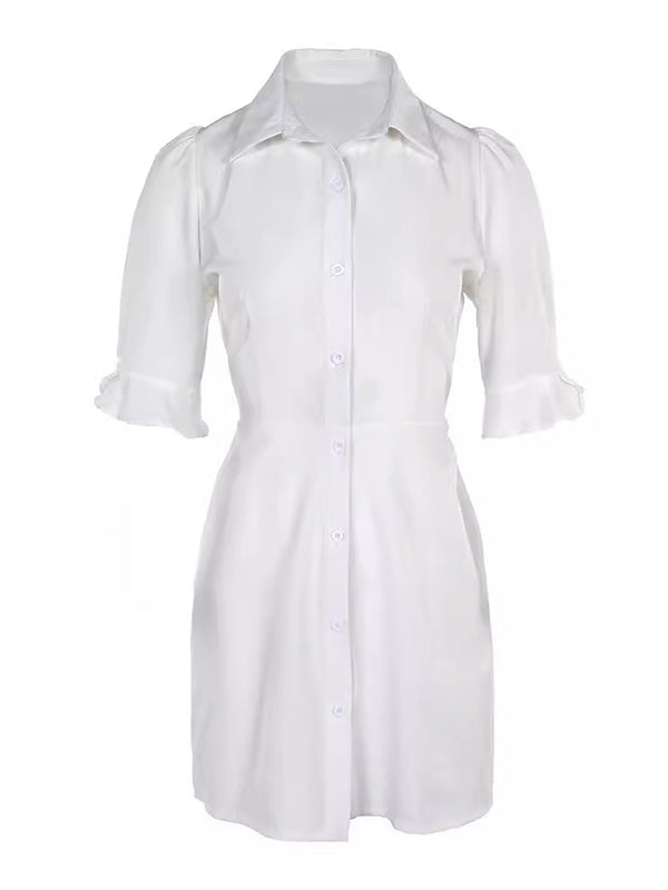 Puff Sleeves Short Sleeves Color Split-joint Lapel Mini Dresses Shirt Dress