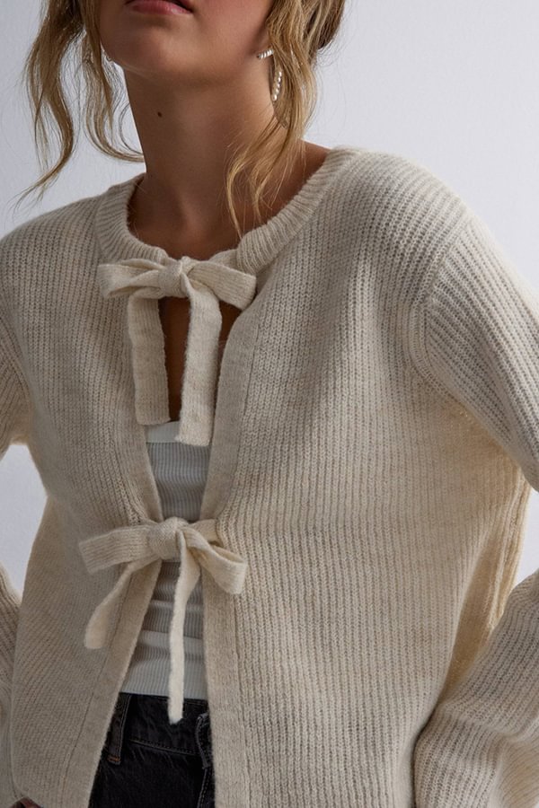 Color Loose Long Sleeve Lace-up Knitted Cardigan