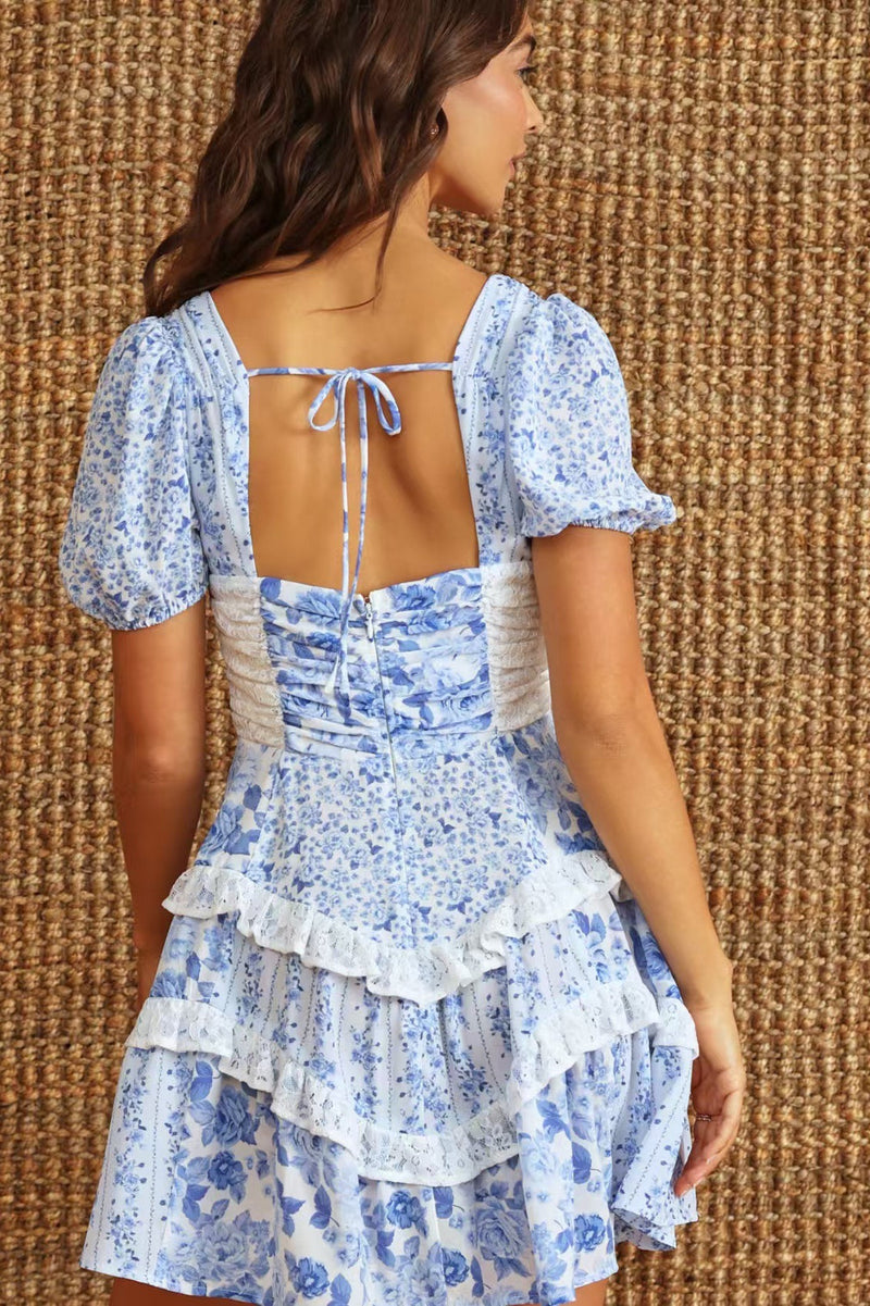 Lace Patchwork V Neck Puff Short Sleeve Mini Dress