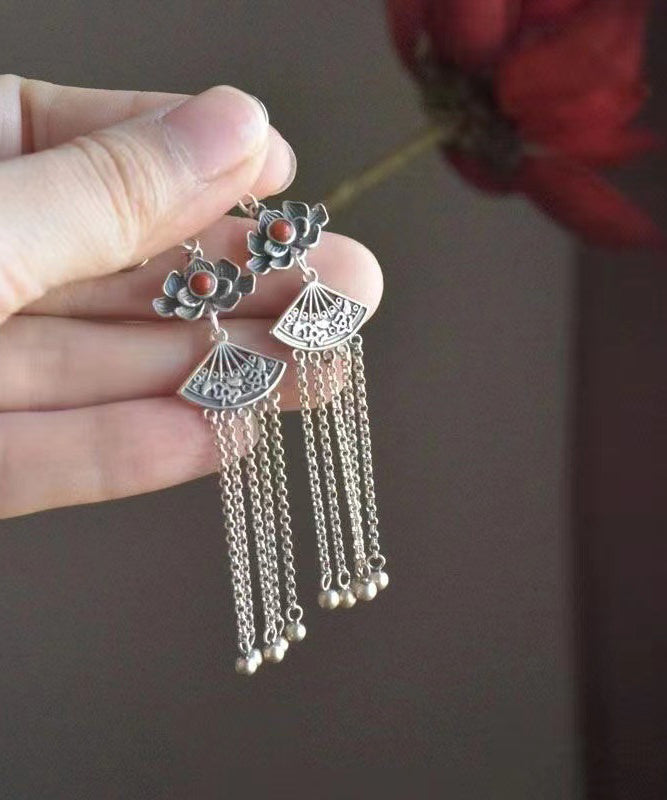 Silk Sterling Silver Agate Tassel Drop Earrings