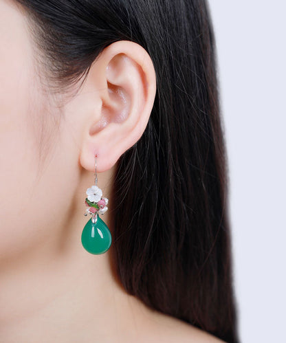 Green Silver Inlaid Shell Flower Chalcedony Pearl Drop Earrings
