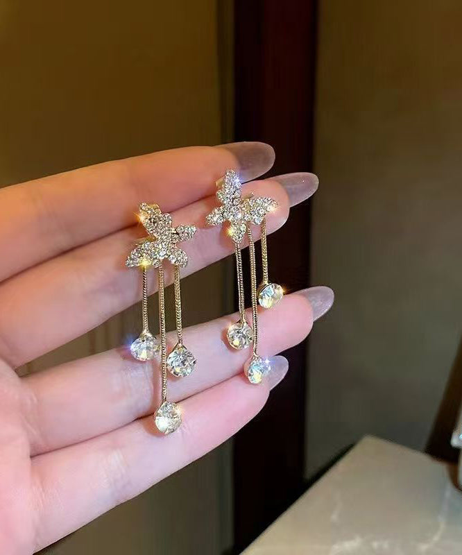 Gold Copper Overgild Zircon Butterfly Tassel Drop Earrings