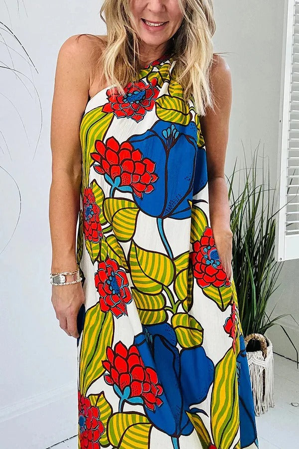 Unique Printed One Shoulder Pocketed Loose Maxi Dress