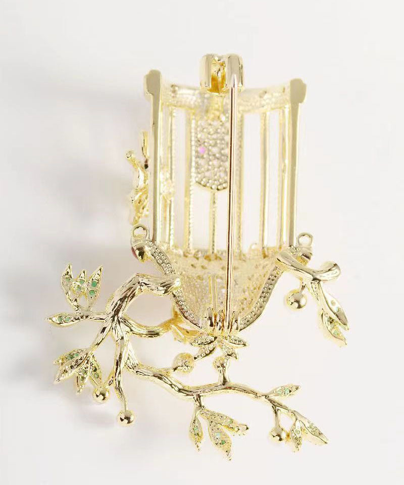 Yellow Zircon Crystal Pearl Bird Cage Brooches