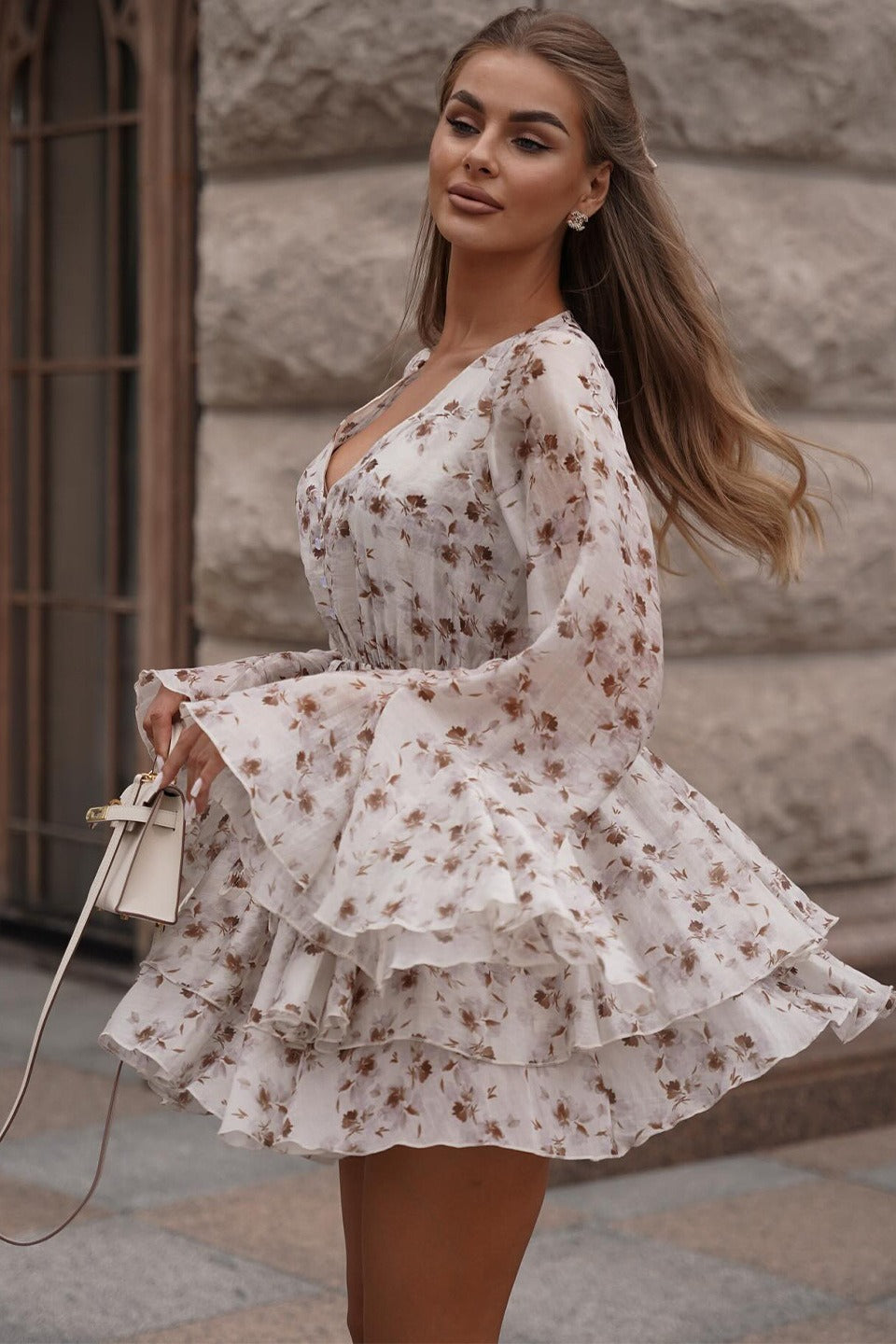French V-neck Ruffled Mini Dress