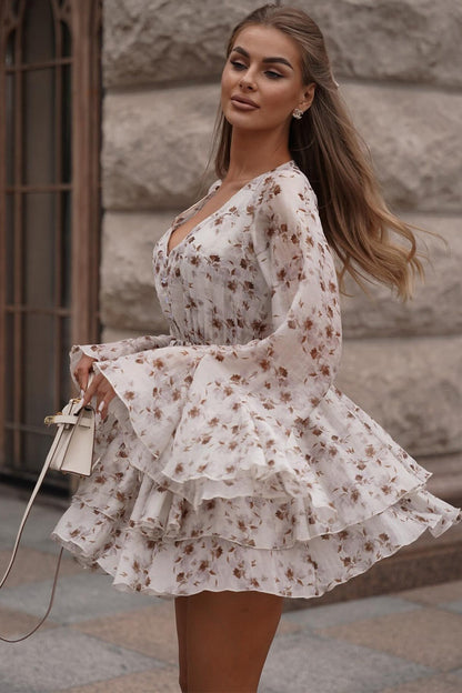 French V-neck Ruffled Mini Dress