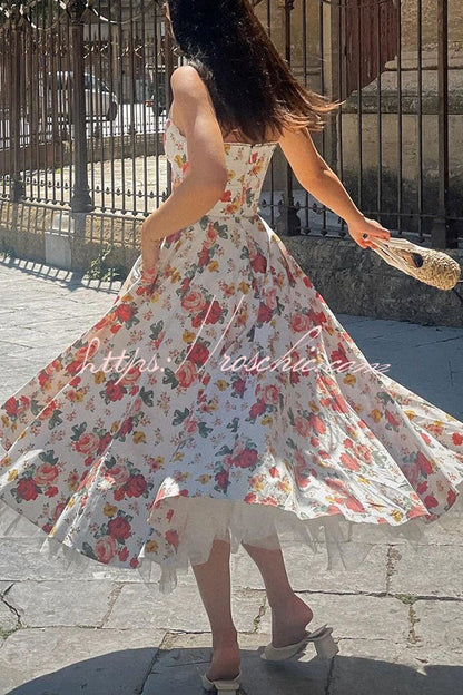 Fairy Tale Italian Rose Print Tulle Pocketed Slip Midi Dress