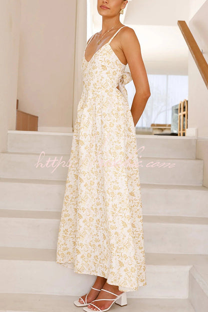 Print V-neck Sleeveless Back Tie Pocket Maxi Dress