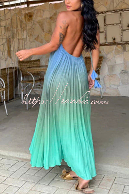 Sea Goddess Gradient Print Pleated Halter Backless A-line Maxi Dress