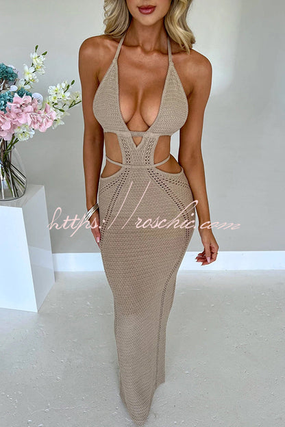Effortlessly Cool and Knit Crochet Cutout Halter Tie-up Stretch Maxi Dress