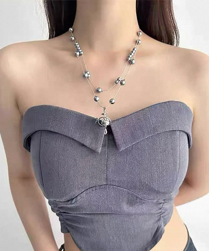 Grey Copper Alloy Double-layer Pearl Spaceship Pendant Necklace