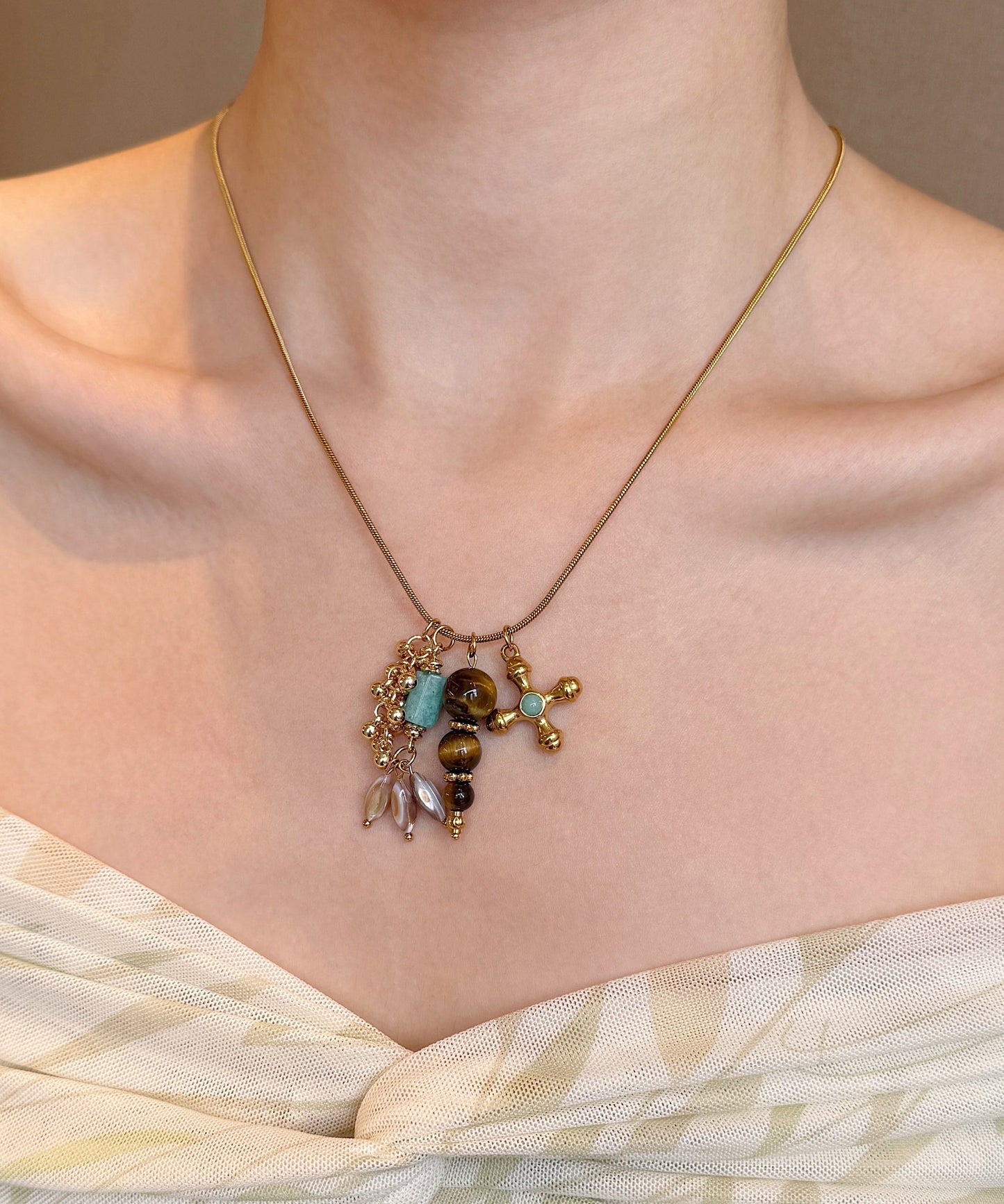 Gold Tiger's Eye Cross Gold Plated Pendant Necklace
