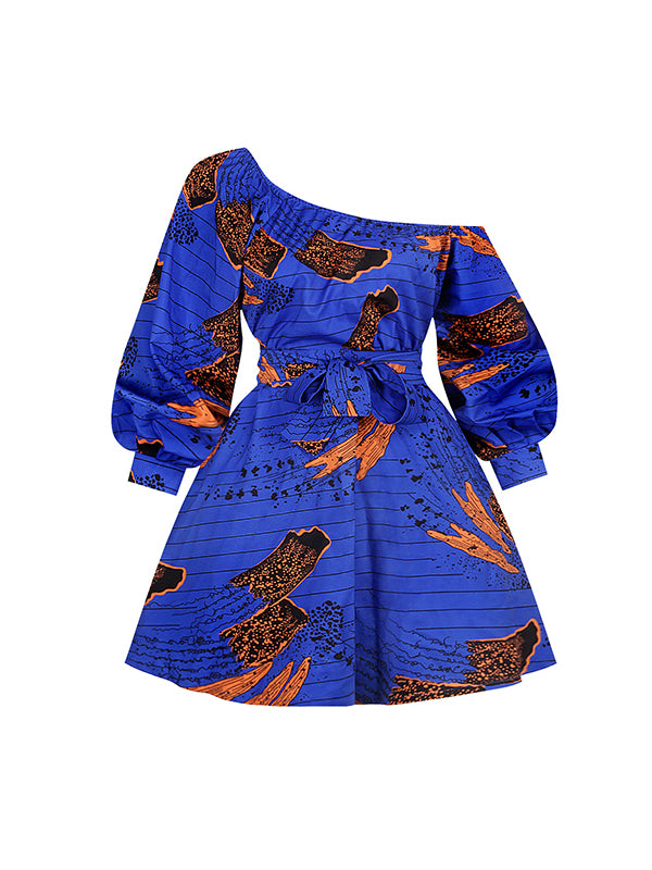 High Waisted Loose Elasticity Printed Tied Waist One-shoulder Mini Dresses