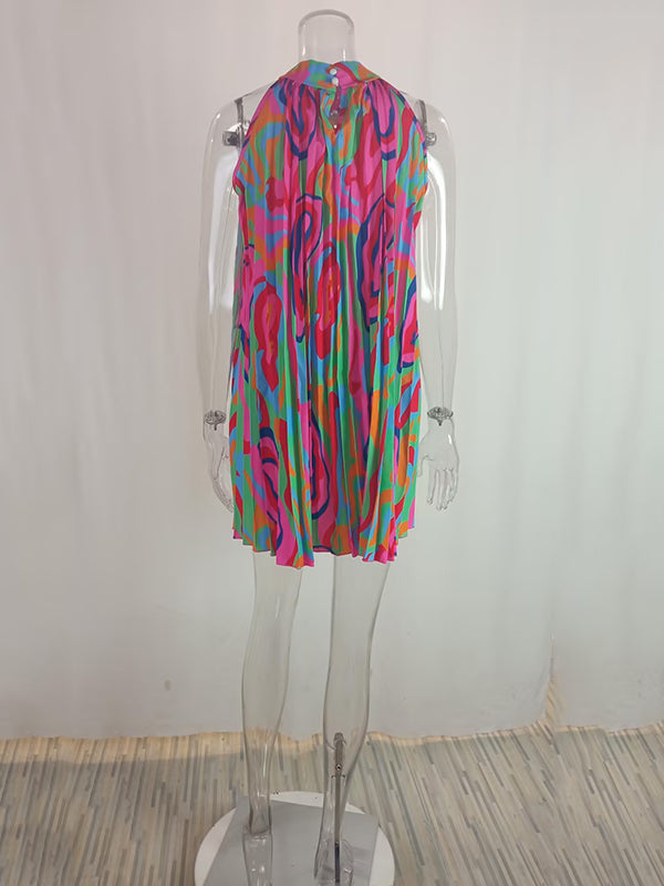 Loose Pleated Printed Halter-neck Mini Dresses Short Dresses