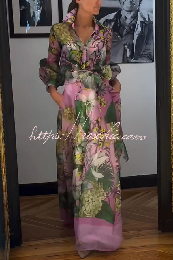 Seeds of Happiness Tulle Print Balloon Sleeve Belt Blouse