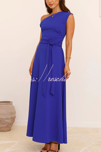 Color Sloped Collar Slim Fit Waist Lace Up Full Hem Maxi Dress