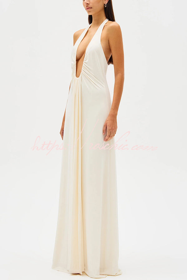 Silhouette Deep U-neck Halter Waterfall Sash Drape Maxi Dress