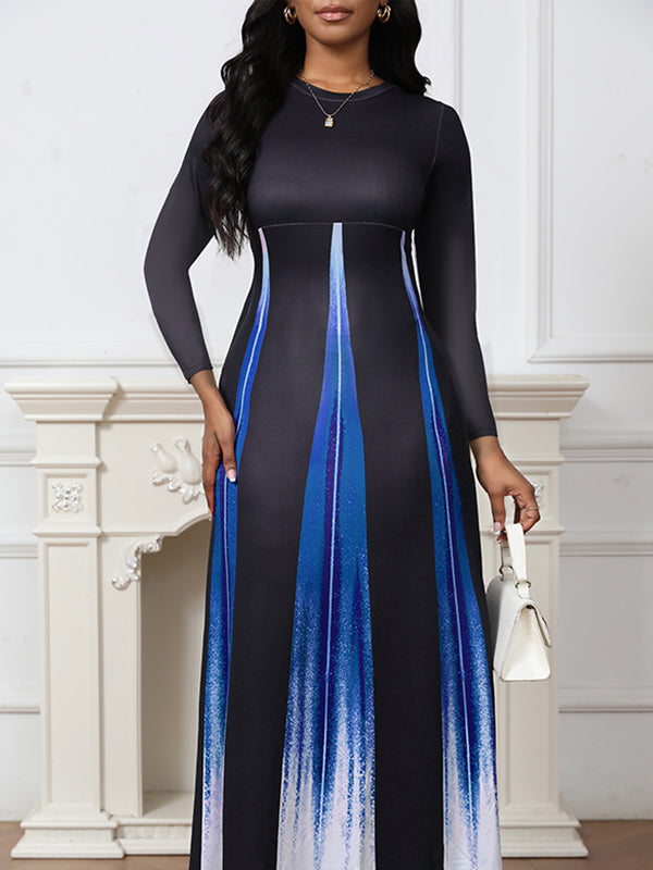 A-line High Waisted Gradient Pockets Printed Split-joint Round-neck Maxi Dresses