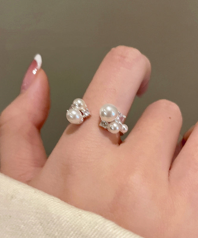 White Copper Zircon Pearl Open Rings