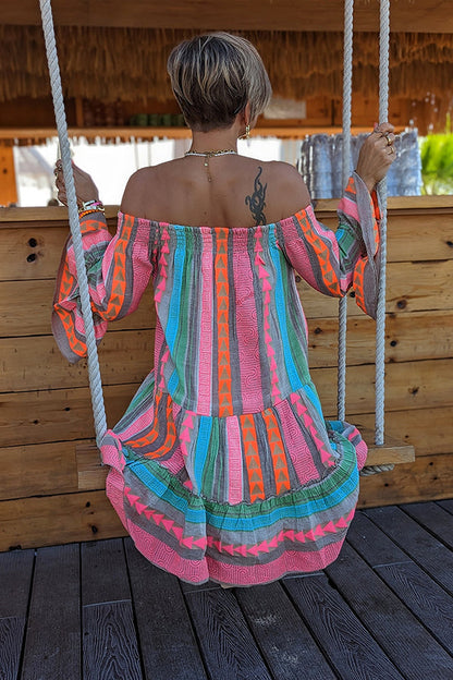 Friendly Shores Linen Blend Print Off Shoulder Loose Mini Dress