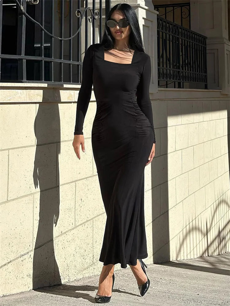 Autumn Black Maxi Dress ’s Square Collar High Waist Slim Party Dress Gown Female Long Dress New