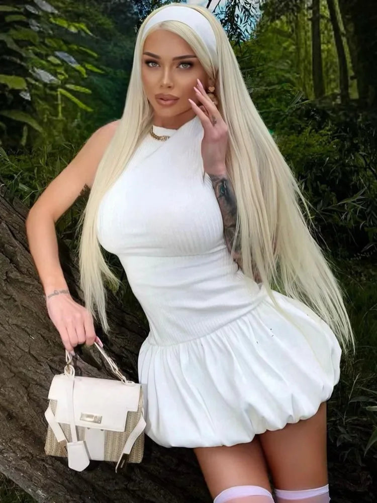 Fantoye Patchwork Backless Pleated Dress Pink Sleeveless Round Neck Mini Dress Summer Slim Outdoor