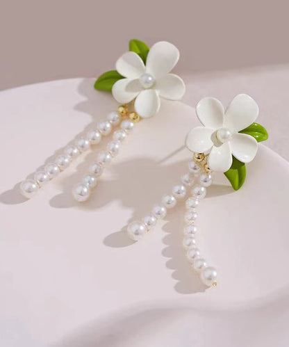 White Sterling Silver Alloy Pearl Tassel Drop Earrings