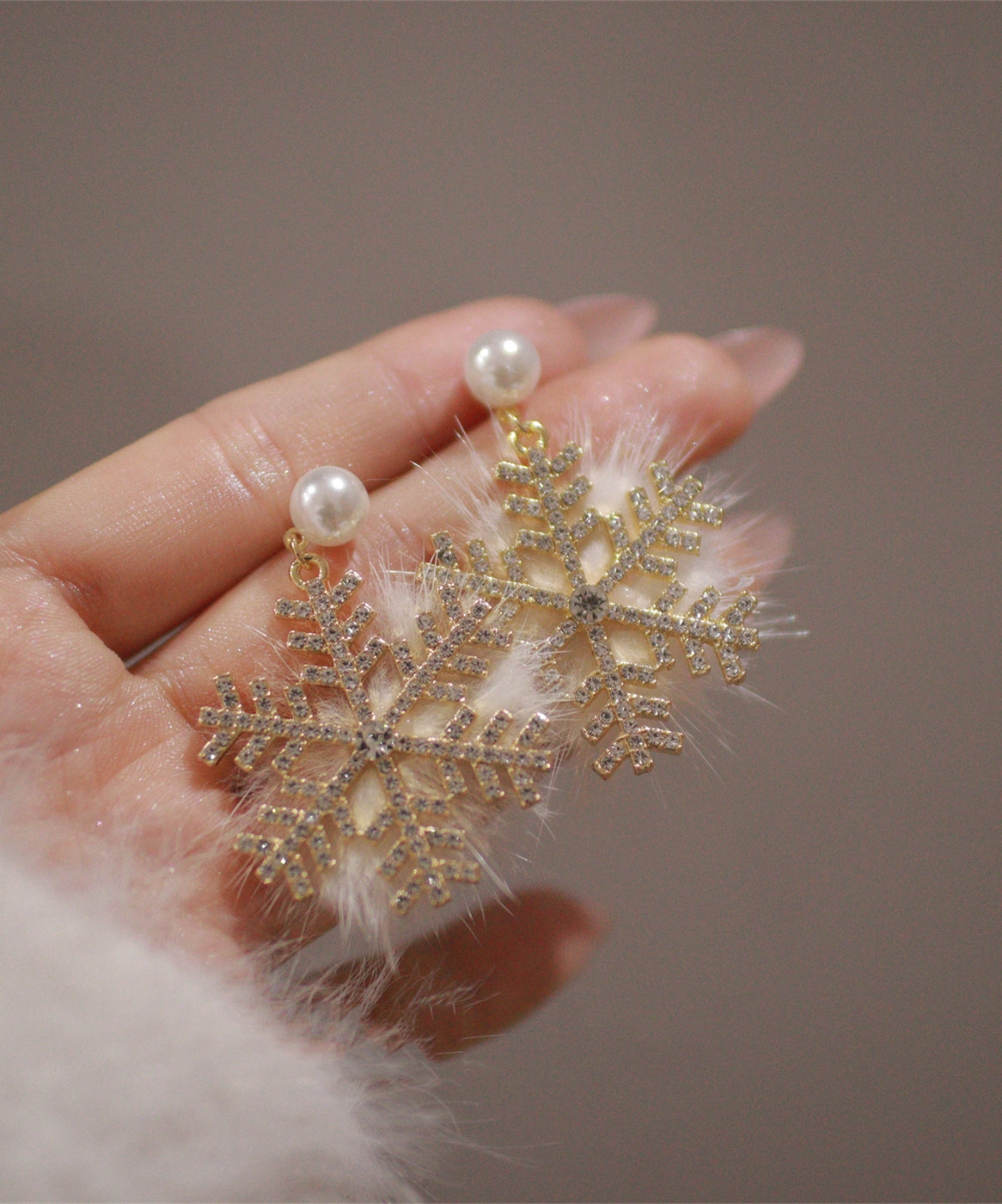 Gold Sterling Silver Mink Velvet Snowflake Drop Earrings