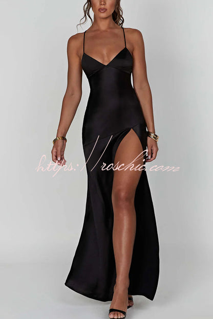 Satin Color Backless Lace Up High Slit Maxi Dress