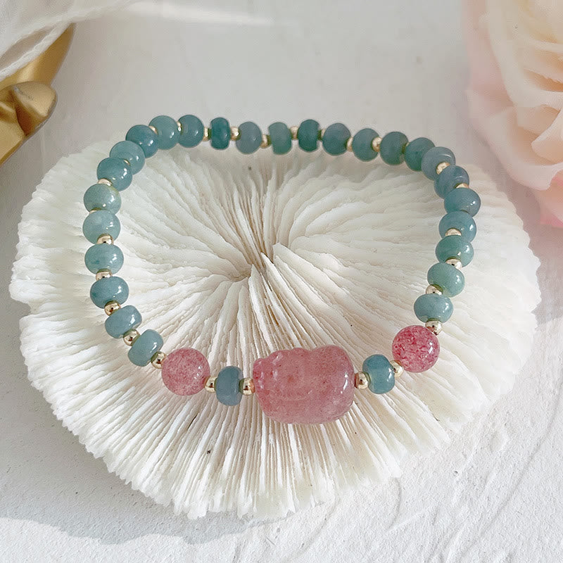 Buddha Stones Natural Hetian Jade Pearl Peace Buckle Fu Character Gourd Money Bag Strawberry Quartz Pixiu Luck Bracelet