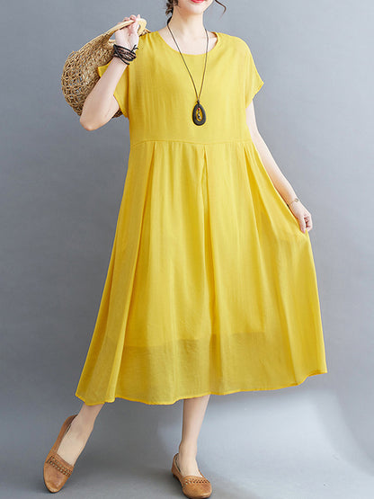 Loose Short Sleeves Color Split-joint Round-neck Midi Dresses