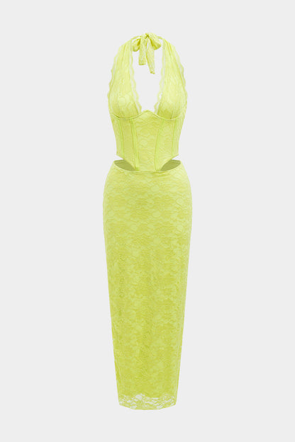 Halter Neck Backless Cut Out Corset Waist Maxi Dress