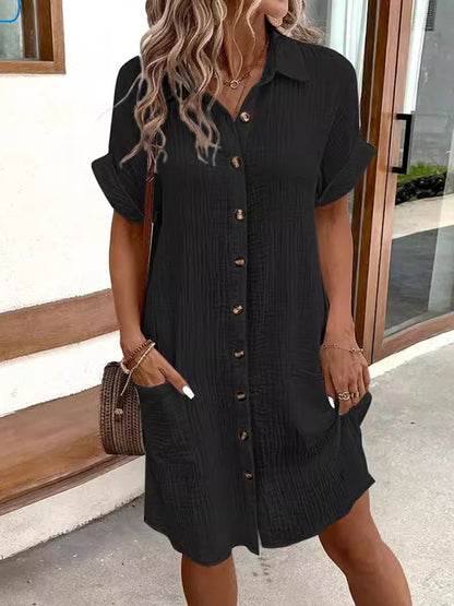 Loose Short Sleeves Pleated Split-joint Lapel Mini Dresses Shirt Dress