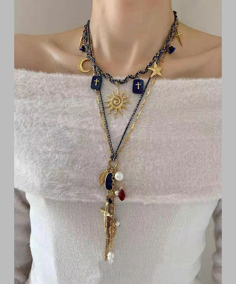 Handmade Blue Alloy Weave Lapis Lazuli Sun Pendant Necklace Two-piece Set