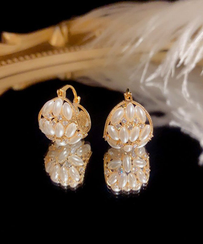Gold Copper Zircon Pearl Flower Basket Hoop Earrings