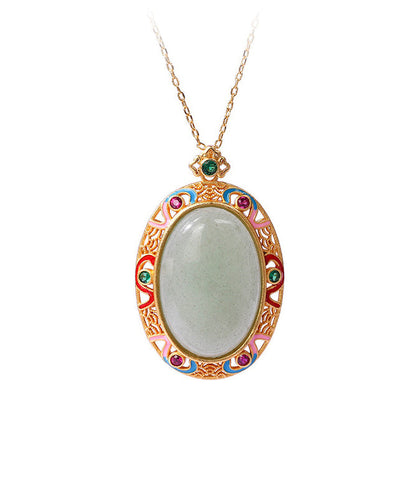 Gold Copper Overgild Jade Enamel Auspicious Clouds Pendant Necklace