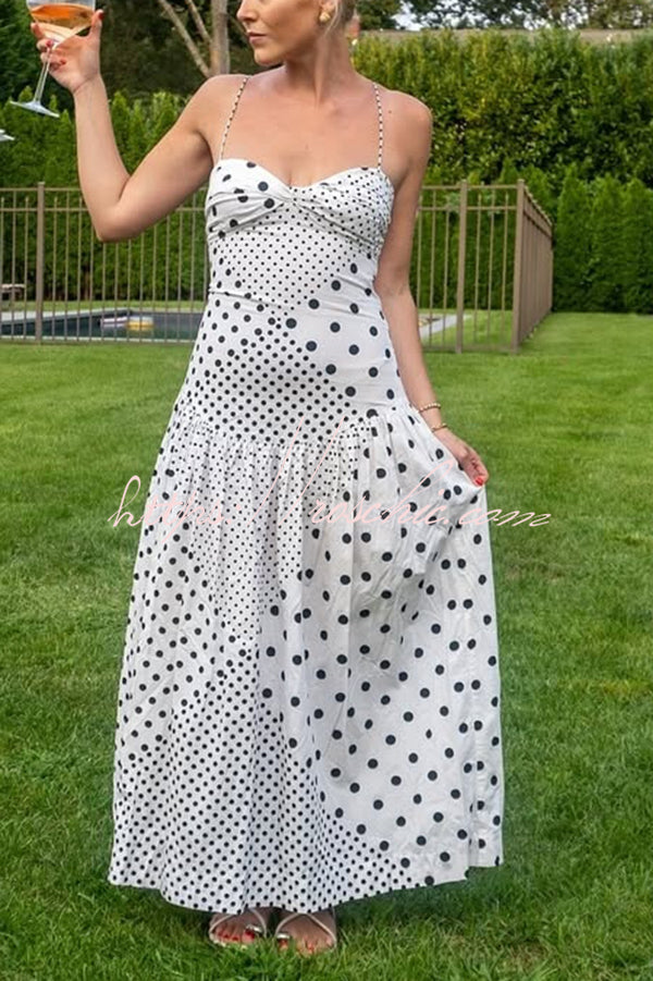 Polka Dot Print Halterneck Tie-stitched Slim Maxi Dress