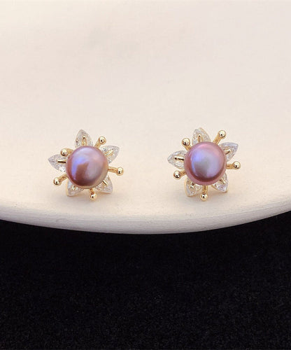 Art Purple Sterling Silver Overgild Pearl Stud Earrings