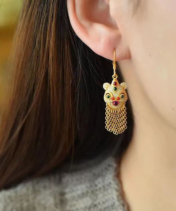 Gold Gem Stone Tassel Silver Drop Earrings