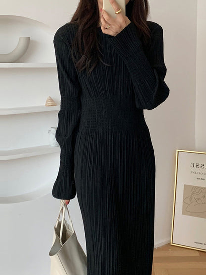 Simple Long Sleeves Black Split-joint Elasticity Waist Pleated Midi Dress