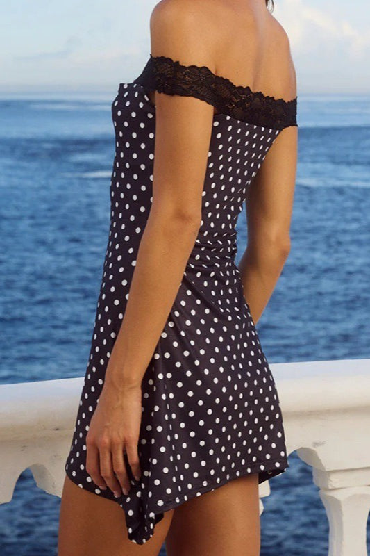 Off-shoulder Lace Trim Polka Dot Bodycon Mini Dress