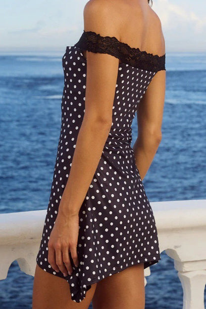 Off-shoulder Lace Trim Polka Dot Bodycon Mini Dress