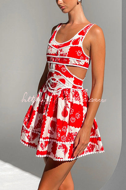 Holiday Colors Ric Rac Trims Unique Print Cutout Round Neck Mini Dress