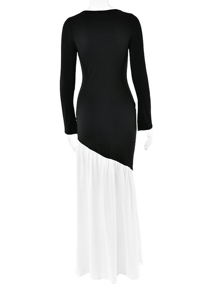 Bodycon High Waisted Contrast Color Pleated Split-joint Round-neck Maxi Dresses
