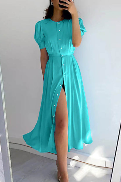 And Classy Vibe Puff Sleeve Pearl Button Slit Midi Dress