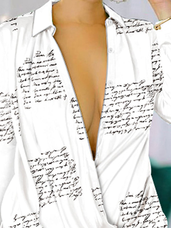 High-low Long Sleeves Letter Print Lapel Mini Dresses Shirt Dress
