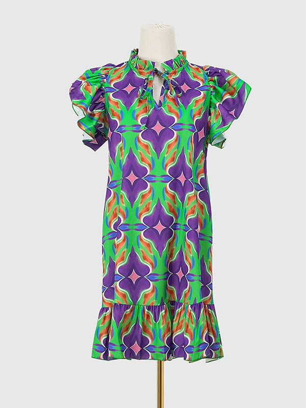 A-line High Waisted Hollow Pleated Printed Split-joint Tied Round-neck Mini Dresses