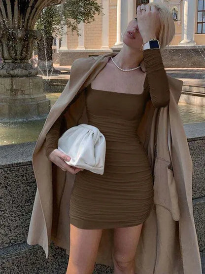 Ruched Long Sleeve Mini Dress Bodycon Party Autumn Winter Club White Clothes